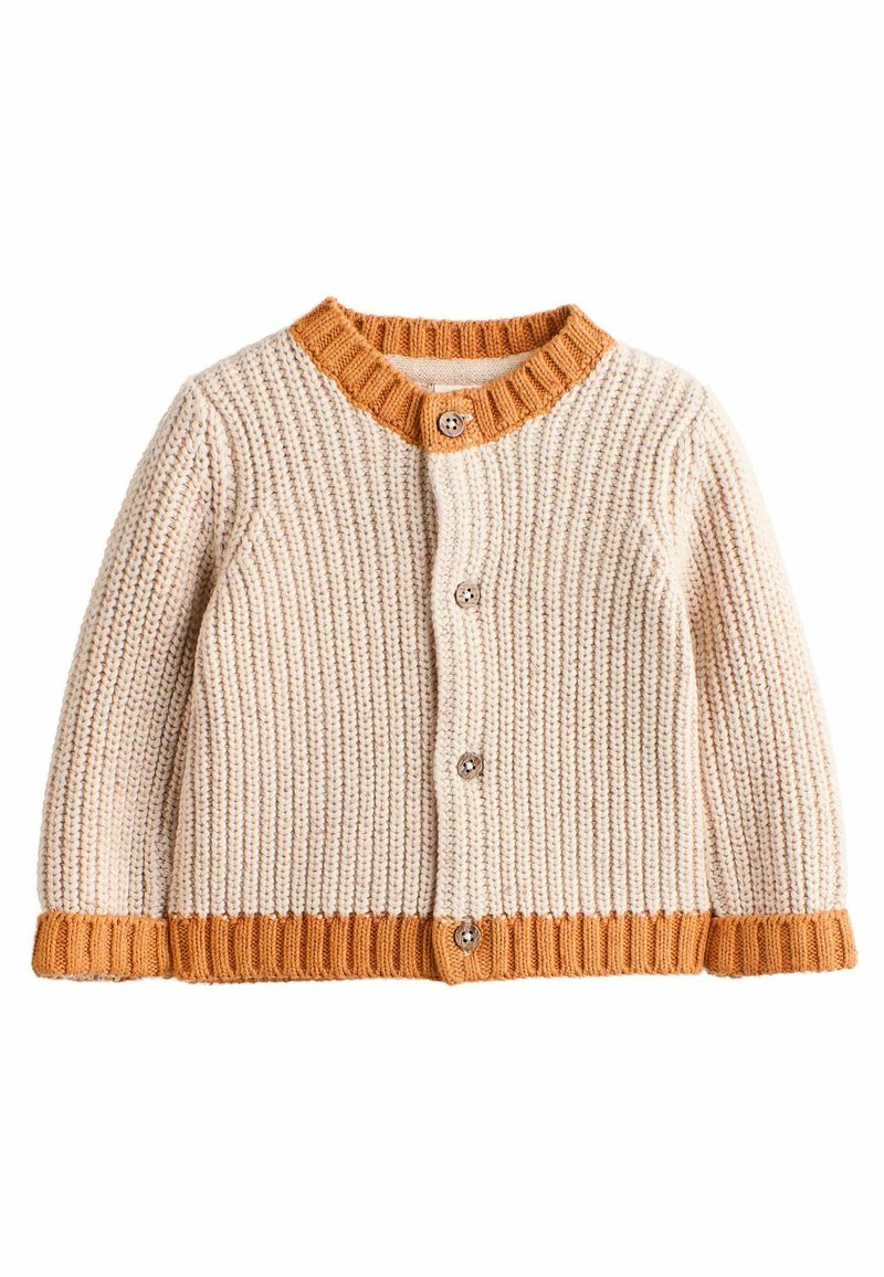 Krämfärgad ribbad stickad cardigan med orange ribbad krage och manschetter, försedda med fem rundknappar fram. Strukturerad tyg.