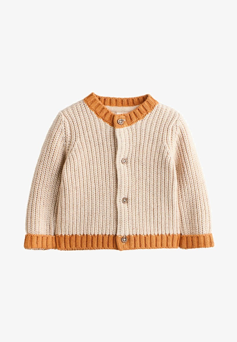Krémový rebrovaný pletený kardigán s oranžovým rebrovaným golierom a manžetami, s piatimi okrúhlymi gombíkmi na prednej strane. Textúrovaná tkanina.
