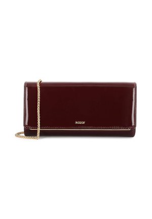 Glossy dark red rectangular clutch bag with gold chain strap and small gold brand logo on front flap.