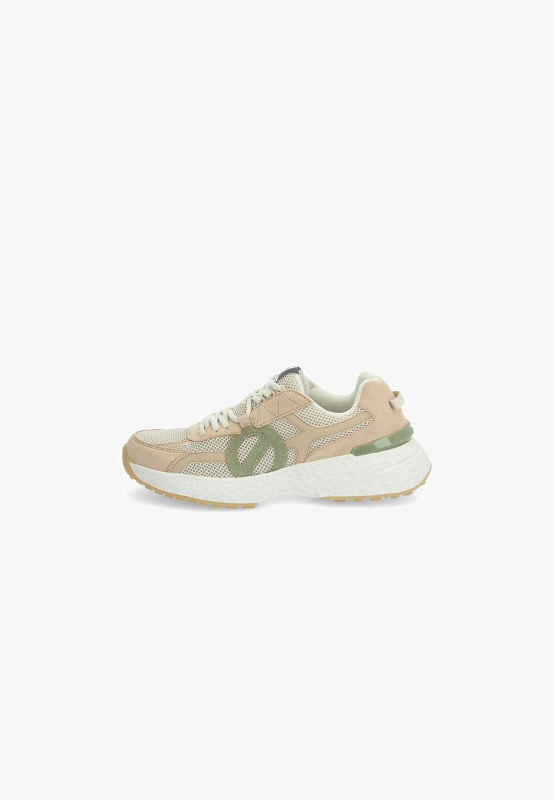 Beige and green athletic shoe featuring mesh upper, suede accents, and a thick white sole with textured grip. Lace-up closure and padded collar.