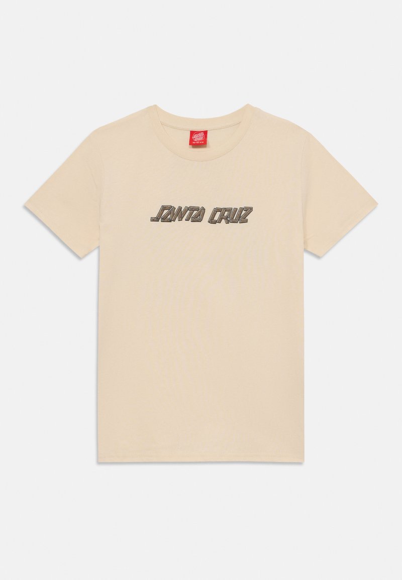 Μπεζ βαμβακερό t-shirt με κοντά μανίκια και γιακά crew, που διαθέτει τη γραφή "JANTA CRUZ" σε στυλιζαρισμένα μαύρα γράμματα στο στήθος.