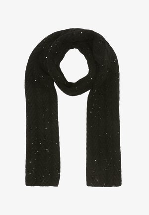 Zwarte gebreide sjaal met een textuur in een zigzagpatroon en subtiele metallic glinsteringen, wat zorgt voor een decoratieve en gelaagde uitstraling.