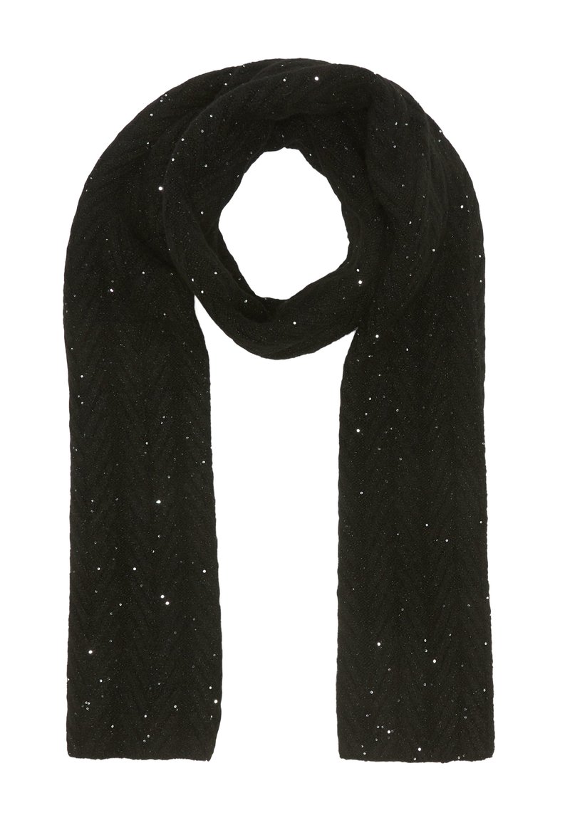 Schwarzer gestrickter Schal mit einem strukturierten Zickzackmuster und subtilen metallischen Flocken, die ein dekoratives und geschichtetes Aussehen erzeugen.