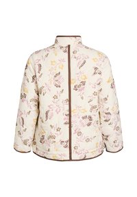 Gewatteerd jack in crème met bloemenpatroon in roze, geel en bruin. Voorzien van een hoge kraag en bruine bies langs de randen.