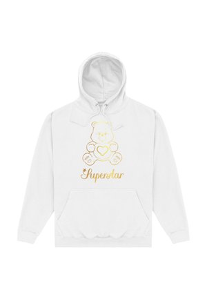 Biała bawełniana hoodie z kieszenią z przodu, z grafiką złotego niedźwiedzia z sercem oraz napisem "Superstar" poniżej w złotym skrypcie.