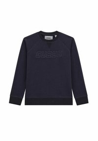 Sudadera navy con cuello redondo, mangas raglán y logo "GUESS" texturizado en un azul marino contrastante. Mezcla de algodón, suave al tacto, puños acanalados.