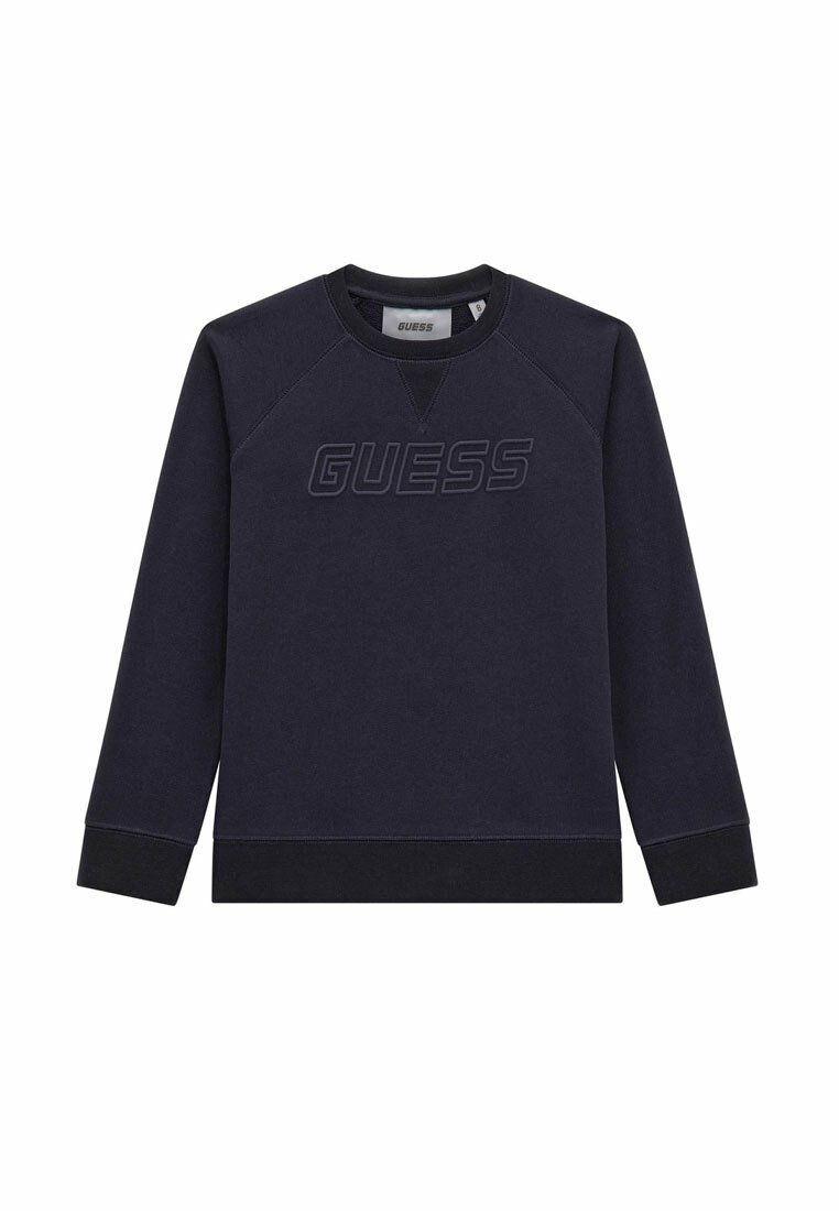 Sudadera navy con cuello redondo, mangas raglán y logo "GUESS" texturizado en un azul marino contrastante. Mezcla de algodón, suave al tacto, puños acanalados.
