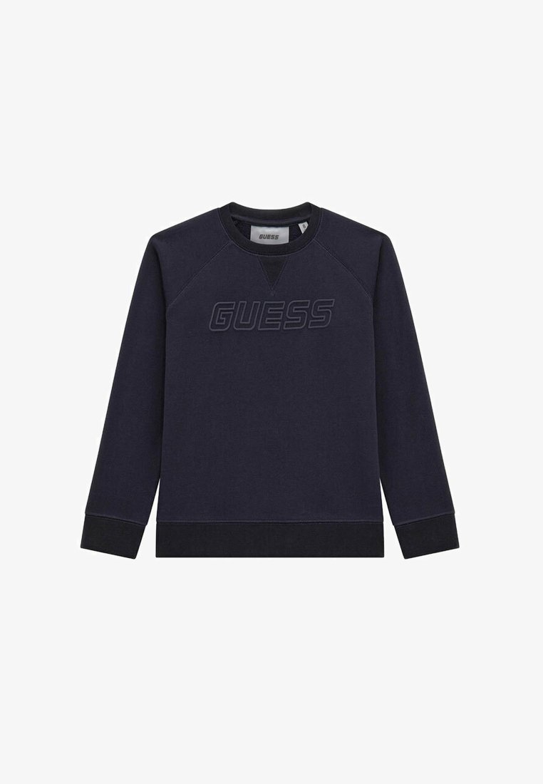 Sudadera navy con cuello redondo, mangas raglán y logo "GUESS" texturizado en un azul marino contrastante. Mezcla de algodón, suave al tacto, puños acanalados.