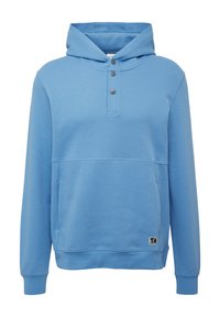 Lichtblauwe hoodie met een voorkant zak, drie-knopen kraag, ribgebreide manchetten en een logo-opdruk nabij de zoom. Zachte stof textuur.