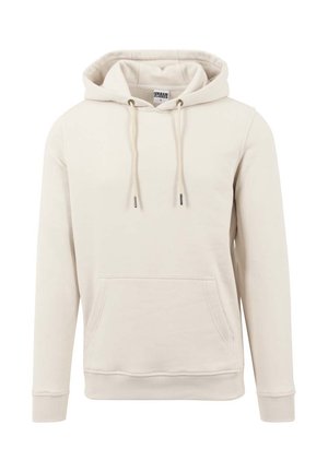 Sweatshirt beige à capuche en tissu doux, avec une poche kangourou à l'avant, des cordons de serrage ajustables et des poignets côtelés. Texture lisse.