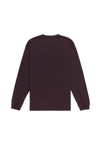 Long-sleeve t-shirt in dark purple cotton with a crew neck, featuring straight hem and ribbed cuffs. Minimalist design, no visible patterns.