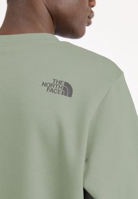 Personne portant un sweat-shirt vert clair avec le logo The North Face sur le haut du dos près de l'épaule.