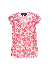 Blomsterbluse i let stof med rosa og hvide blomstermønstre, kort flæseærmer og V-udskæring med knaplukning.