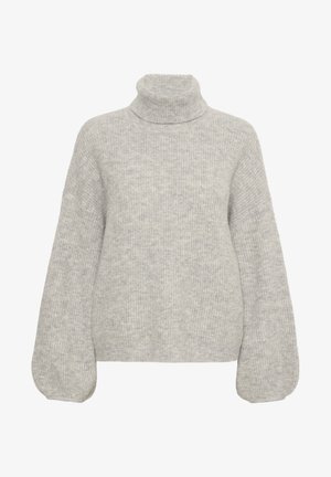 Ljusgrått polotröja i en mjuk, texturerad stickning. Har nedhasade axlar och voluminösa ärmar, med ribbade detaljer genom hela plagget.