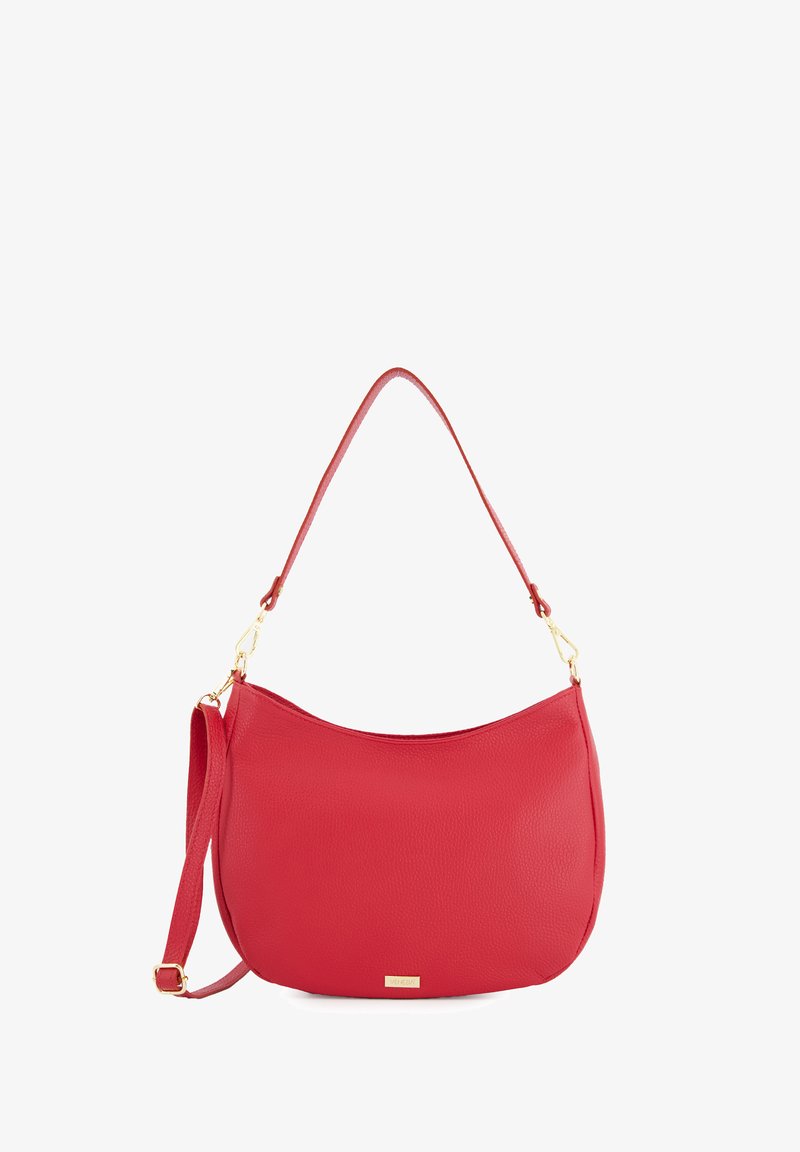 Red leather shoulder bag with a curved shape, featuring a gold-tone hardware accent, and a detachable strap for versatile carrying options.