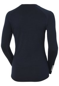 Marineblauseshirt mit langen Ärmeln und Rundhalsausschnitt. Merkmale sind Raglanärmel und weiße Streifenakzente am linken Ärmel. Glatter, dehnbarer Stoff.