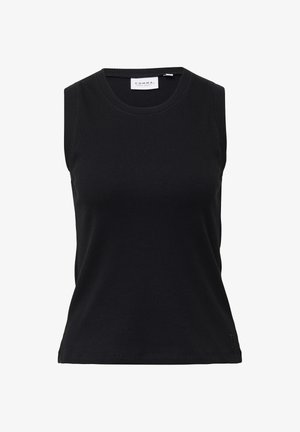 Black ribbed sleeveless top with a round neckline. Smooth texture and fitted design. Includes a small logo detail at the hem.
