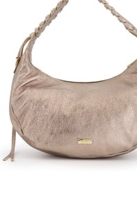 Metallic bronze hobo bag made of textured leather with a braided handle and a gold logo plaque. The bag has a rounded shape and a zip closure.