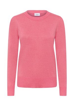 Maglione rosa lavorato a maglia con scollo rotondo, maniche lunghe e polsini e orlo a coste. Texture liscia con un colore uniforme e design minimalista.