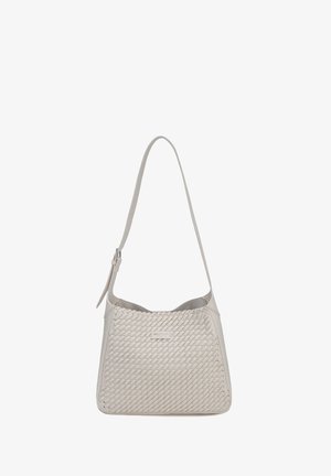 Elfenbeinfarbene Leder-Umhängetasche mit geflochtenem Vorderteil, verstellbarem Riemen und kleinem rechteckigem Markenlabel mittig vorne.