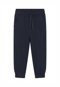 Marineblaue Jogginghosen mit elastischem Bund und Bündchen, vorderen Taschen und verstellbarem Kordelzug auf weißem Hintergrund.