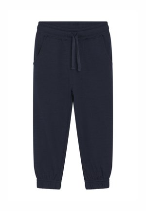 Pantaloni jogger blu navy con vita e polsini elasticizzati, tasche frontali e cordoncino regolabile su uno sfondo bianco.