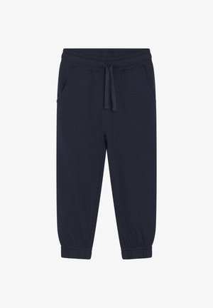 Marineblaue Jogginghosen mit elastischem Bund und Bündchen, vorderen Taschen und verstellbarem Kordelzug auf weißem Hintergrund.