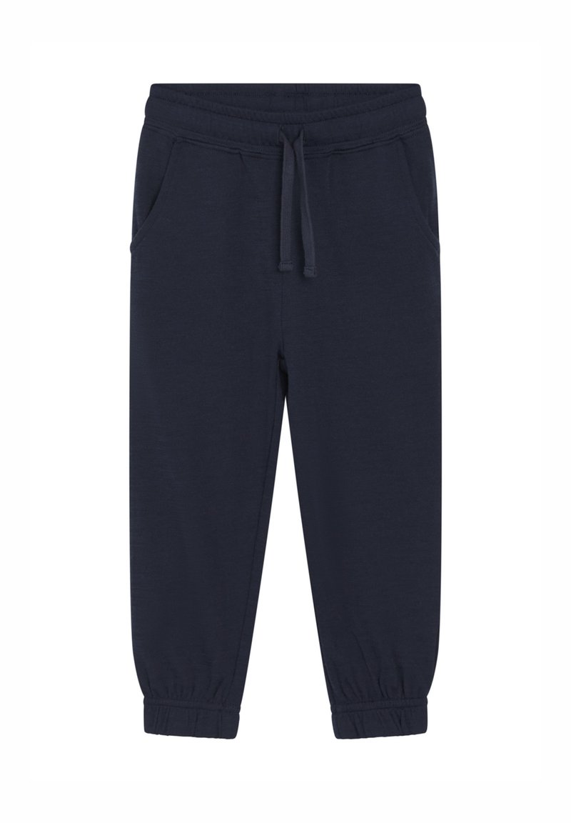 Marineblaue Jogginghosen mit elastischem Bund und Bündchen, vorderen Taschen und verstellbarem Kordelzug auf weißem Hintergrund.