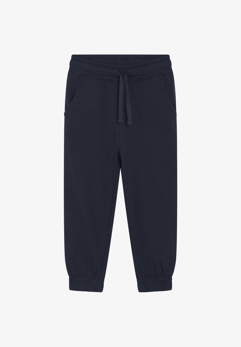 Marineblaue Jogginghosen mit elastischem Bund und Bündchen, vorderen Taschen und verstellbarem Kordelzug auf weißem Hintergrund.