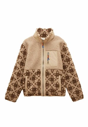 Beige und braune Fleecejacke mit vollem Reißverschluss, florales Muster an den Ärmeln und am unteren Körper sowie einer Brusttasche mit Reißverschluss und blauen und roten Zippern.