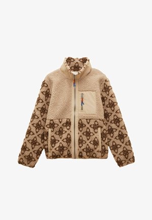 Beige und braune Fleecejacke mit vollem Reißverschluss, florales Muster an den Ärmeln und am unteren Körper sowie einer Brusttasche mit Reißverschluss und blauen und roten Zippern.
