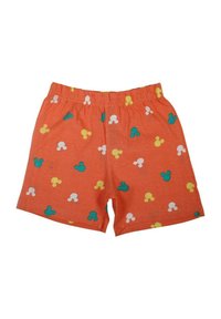 Shorts orange légers avec une taille élastique, présentant des motifs colorés en forme de Mickey Mouse en bleu, jaune et blanc.