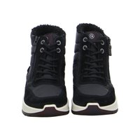 Coppia di stivali invernali neri con cerniere laterali, lacci frontali, colli imbottiti e suole in gomma bianche visti dalla parte frontale.