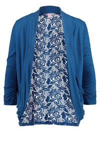 Cardigan bleu à ouverture devant avec manches froncées et insert en dentelle florale marine sur le panneau avant.