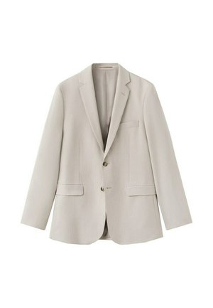 Blazer beige clair pour homme avec deux boutons, revers à cran, poche poitrine et deux poches à rabat, présenté sur un fond blanc.