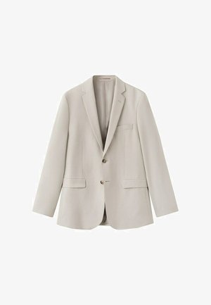 Blazer beige clair pour homme avec deux boutons, revers à cran, poche poitrine et deux poches à rabat, présenté sur un fond blanc.