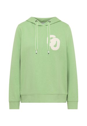 Sudadera de algodón color verde claro con capucha, con un logo bordado en blanco en el frente, cordones ajustables y puños acanalados.
