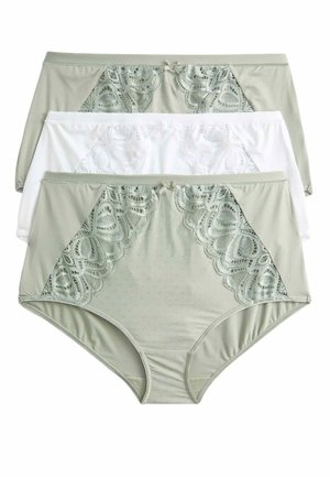 Trzy pary damskich majtek w kolorach zielonym i białym. Przód ozdobiony koronką, miękki materiał, fason z wysokim stanem, zielona para z wzorem w kropki.