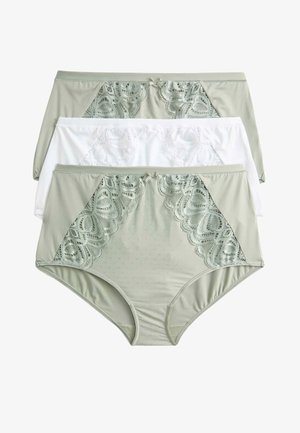 Drei Paare Damenunterhosen in Grün und Weiß. Vorderseite mit Spitzendetails, weicher Stoff, hoher Bund, gepunktete Struktur beim grünen Paar.