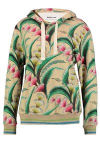 Beige hoodie med stora gröna blad och rosa och gula blommönster, krämfärgade snörningar och randiga muddar och nederkant.