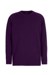 Purple crewneck sweater made of soft fabric, featuring ribbed cuffs and hem. Subtle logo detail near the hem. Classic fit and solid color.