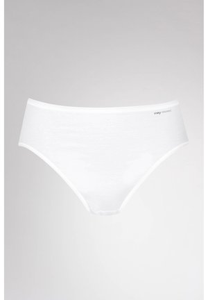 White cotton brief with a smooth surface and elastic waistband. Features a subtle logo on the front, designed for comfort and fit.