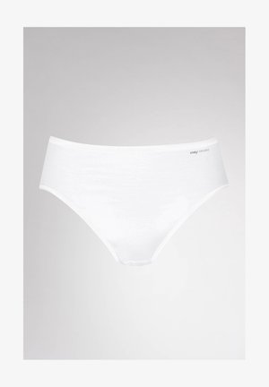 Witte katoenen slip met een glad oppervlak en een elastische tailleband. Heeft een subtiele logo aan de voorkant, ontworpen voor comfort en pasvorm.