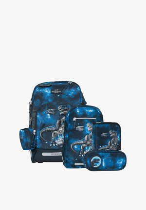 Set di zaini con una stampa blu galattica e grafiche di dinosauri robotici. Include uno zaino grande, uno zaino più piccolo, un astuccio e una scatola per il pranzo.