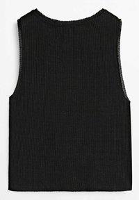 Top sans manches noir à côtes, doté d'un col rond et de bords nets, avec une texture lisse et une coupe ajustée idéale pour le superposition.