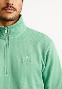 Homemem a usar um sweats de fecho éclair texturizado em verde claro com o logótipo da Adidas bordado no lado esquerdo do peito, em fundo branco.