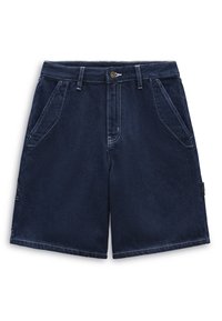 Shorts in denim scuro con vestibilità relax, dotati di due tasche frontali, chiusura con bottone e dettagli in cucitura bianca lungo le cuciture.