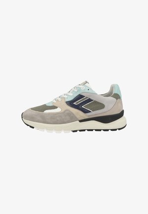 Sport sneaker featuring a mix of suede and mesh in grey, light blue, and dark blue, with a white and black outsole and lace-up front.