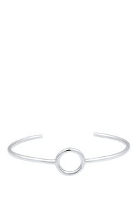 Accessoire capillaire en métal argenté avec un design central circulaire, deux extrémités de prong incurvées, finition lisse et style minimaliste.