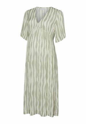 Hele rohelise värvi raseduskleit V-kaelusega, lühikeste varrukatega ja lainelise triibumustriga. Valmistatud pehmest, kergest kangast.